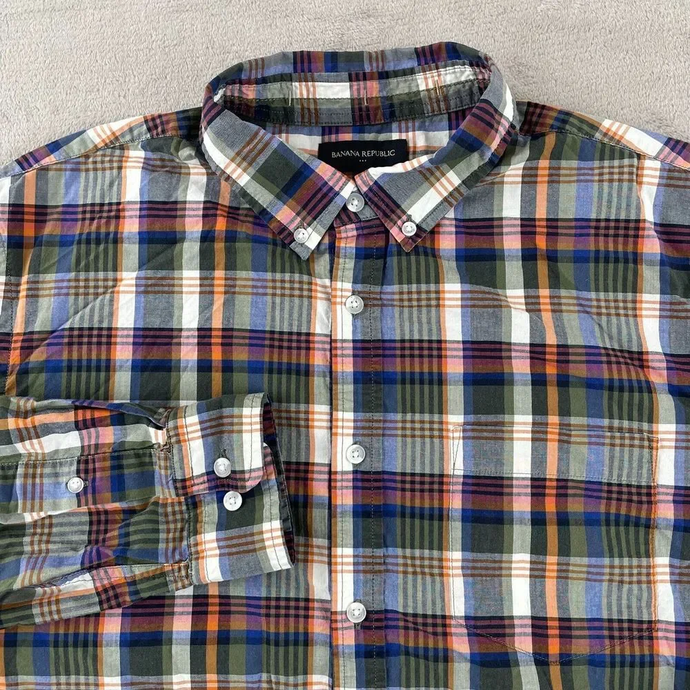 Banana Republic‎ Shirt Men XL Madras Plaid Untucked Long Sleeve Preppy Office